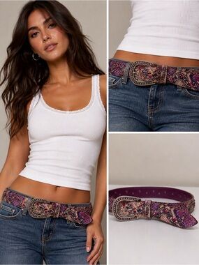 NANNI Milano Italian Python Leather Rhinestone Western Belt Pink Purple Size 36